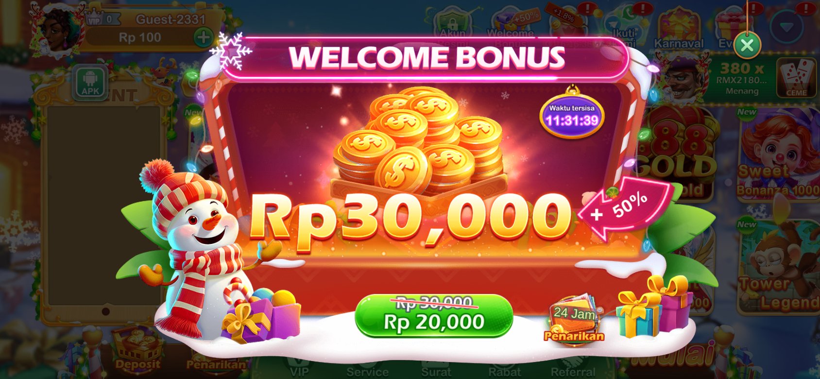 Promosi bonus selamat datang Rp30.000 dengan potongan harga menarik.