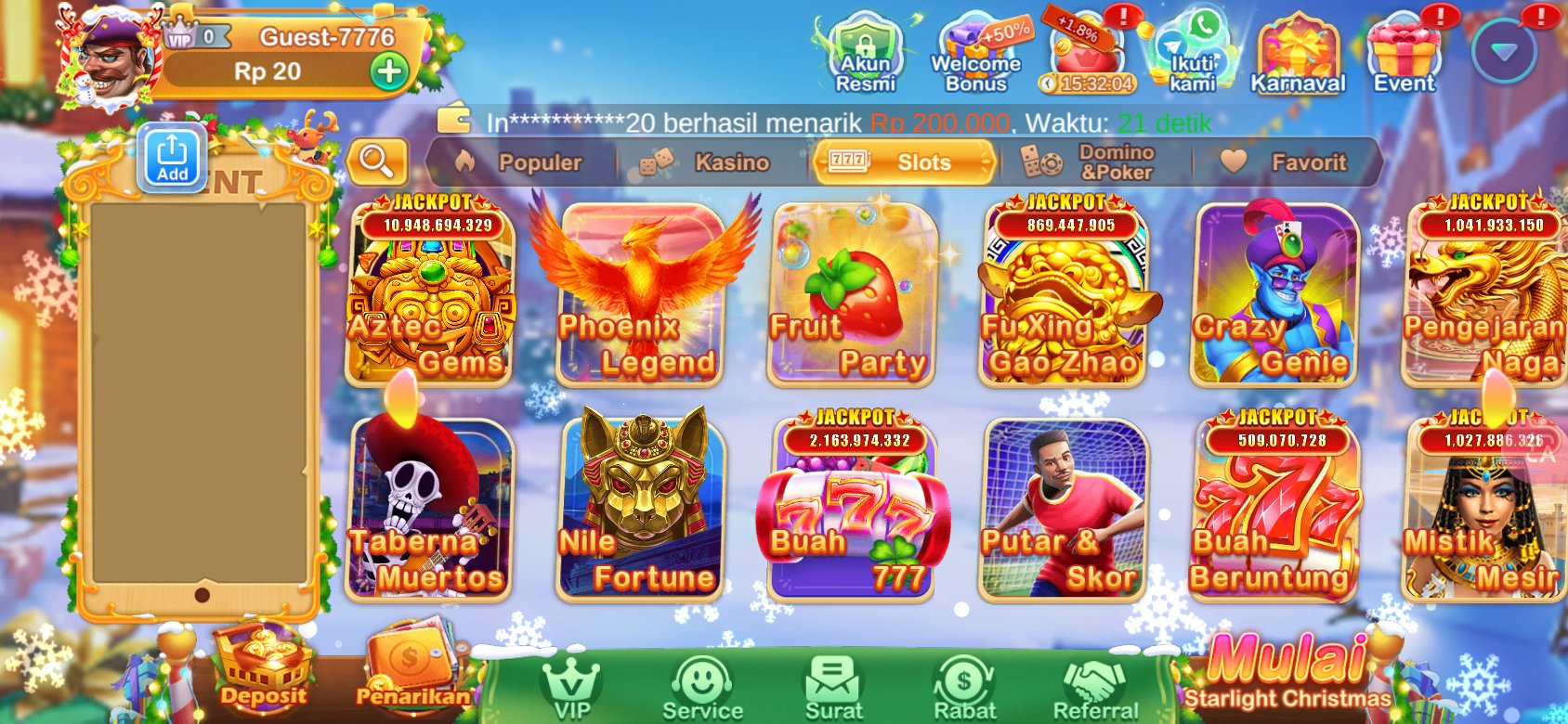 Berbagai pilihan slot seperti Aztec Gems, Phoenix Legend, hingga Fruit Party dengan jackpot tinggi.